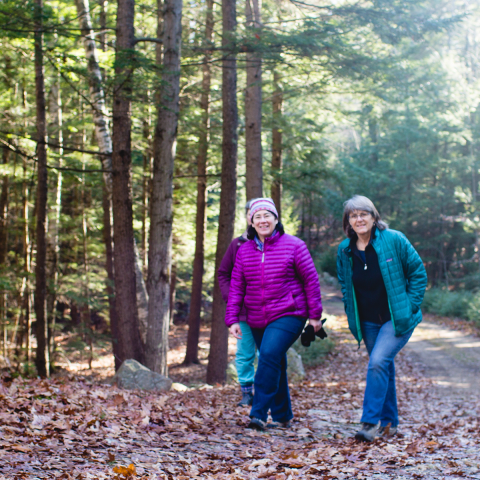 women smiling walking in woods