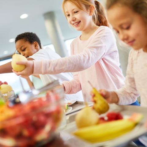 Pupils in elementary school at the fruit buffet.